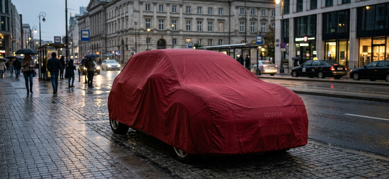 Sportowy samochód GWM Ora 5 GT pod czerwoną płachtą w mieście. Model zapowiadający polski debiut marki GWM w kategorii motoryzacja i mobilność.