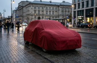 Sportowy samochód GWM Ora 5 GT pod czerwoną płachtą w mieście. Model zapowiadający polski debiut marki GWM w kategorii motoryzacja i mobilność.