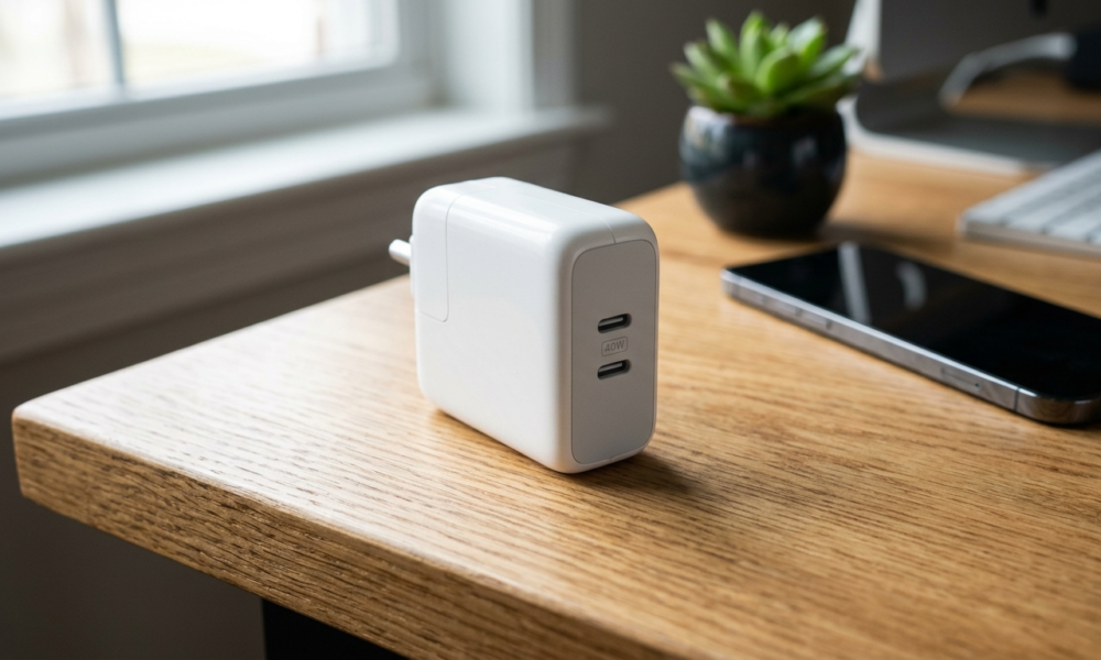 Biała ładowarka Apple 40W USB-C na dębowym biurku. Minimalistyczny zasilacz Apple w domowym biurze, w tle smartfon i roślina. Nowoczesny dom i lifestyle tech.