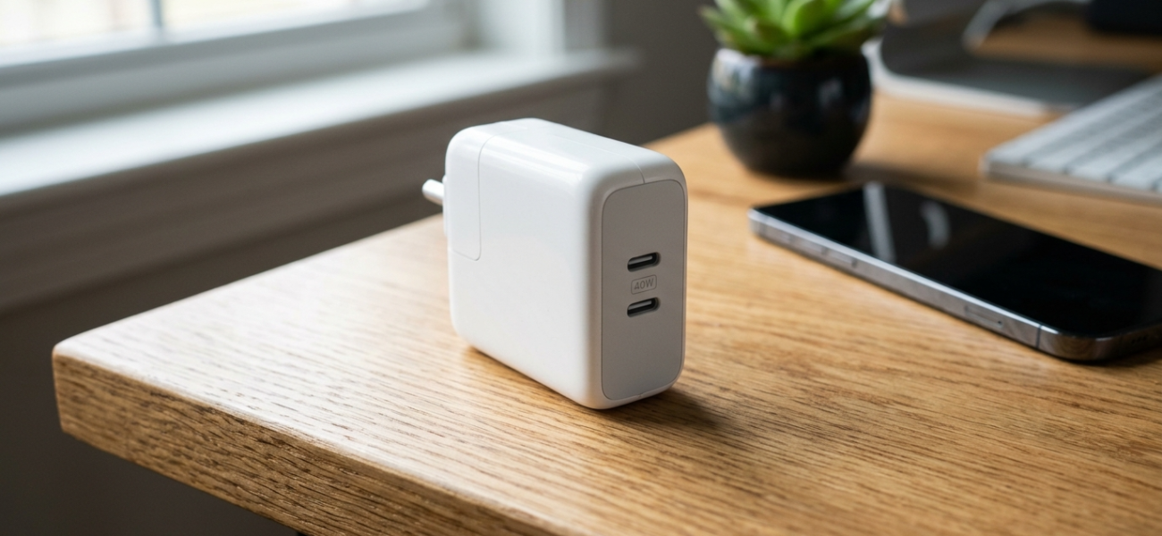 Biała ładowarka Apple 40W USB-C na dębowym biurku. Minimalistyczny zasilacz Apple w domowym biurze, w tle smartfon i roślina. Nowoczesny dom i lifestyle tech.