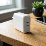 Biała ładowarka Apple 40W USB-C na dębowym biurku. Minimalistyczny zasilacz Apple w domowym biurze, w tle smartfon i roślina. Nowoczesny dom i lifestyle tech.