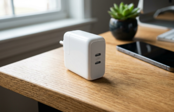 Biała ładowarka Apple 40W USB-C na dębowym biurku. Minimalistyczny zasilacz Apple w domowym biurze, w tle smartfon i roślina. Nowoczesny dom i lifestyle tech.