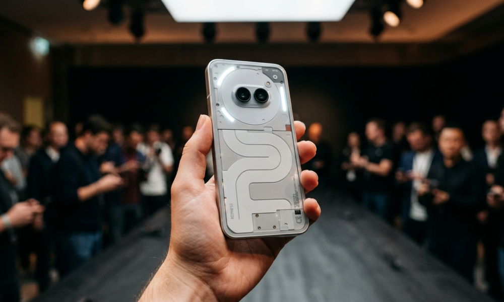 Smartfon Nothing Phone (3) z przezroczystą obudową i diodami LED w dłoni. Nowoczesny design i detale flagowca z systemem Nothing OS 5.0 na ciemnym tle.