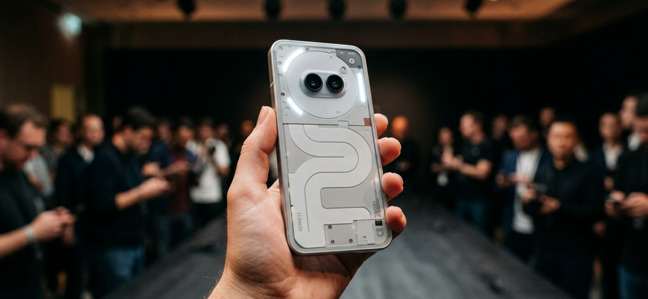 Smartfon Nothing Phone (3) z przezroczystą obudową i diodami LED w dłoni. Nowoczesny design i detale flagowca z systemem Nothing OS 5.0 na ciemnym tle.