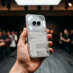 Smartfon Nothing Phone (3) z przezroczystą obudową i diodami LED w dłoni. Nowoczesny design i detale flagowca z systemem Nothing OS 5.0 na ciemnym tle.