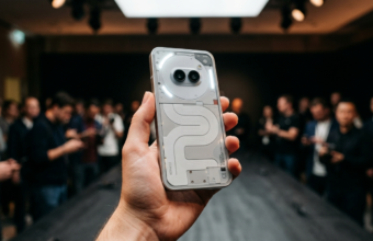 Smartfon Nothing Phone (3) z przezroczystą obudową i diodami LED w dłoni. Nowoczesny design i detale flagowca z systemem Nothing OS 5.0 na ciemnym tle.