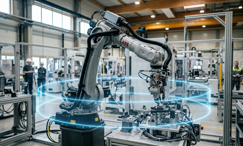 Precyzyjne ramię robotyczne z błękitną aurą bezpieczeństwa Anthropic w fabryce. Ochrona maszyn przed błędami AI – kluczowe dla sektora Polska i świat.