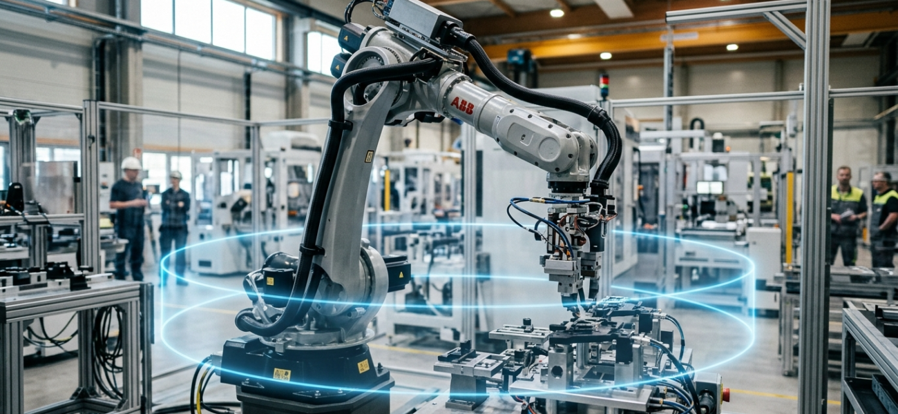 Precyzyjne ramię robotyczne z błękitną aurą bezpieczeństwa Anthropic w fabryce. Ochrona maszyn przed błędami AI – kluczowe dla sektora Polska i świat.