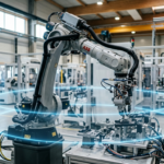 Precyzyjne ramię robotyczne z błękitną aurą bezpieczeństwa Anthropic w fabryce. Ochrona maszyn przed błędami AI – kluczowe dla sektora Polska i świat.