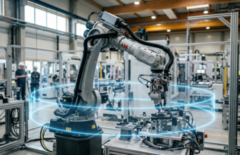 Precyzyjne ramię robotyczne z błękitną aurą bezpieczeństwa Anthropic w fabryce. Ochrona maszyn przed błędami AI – kluczowe dla sektora Polska i świat.
