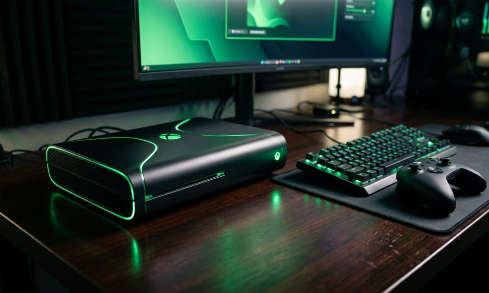 Xbox Project Helix z zielonym LED, klawiatura mechaniczna i pad na ciemnym biurku. Konsola obsługująca gry PC. Polska i świat: przyszłość gamingu.