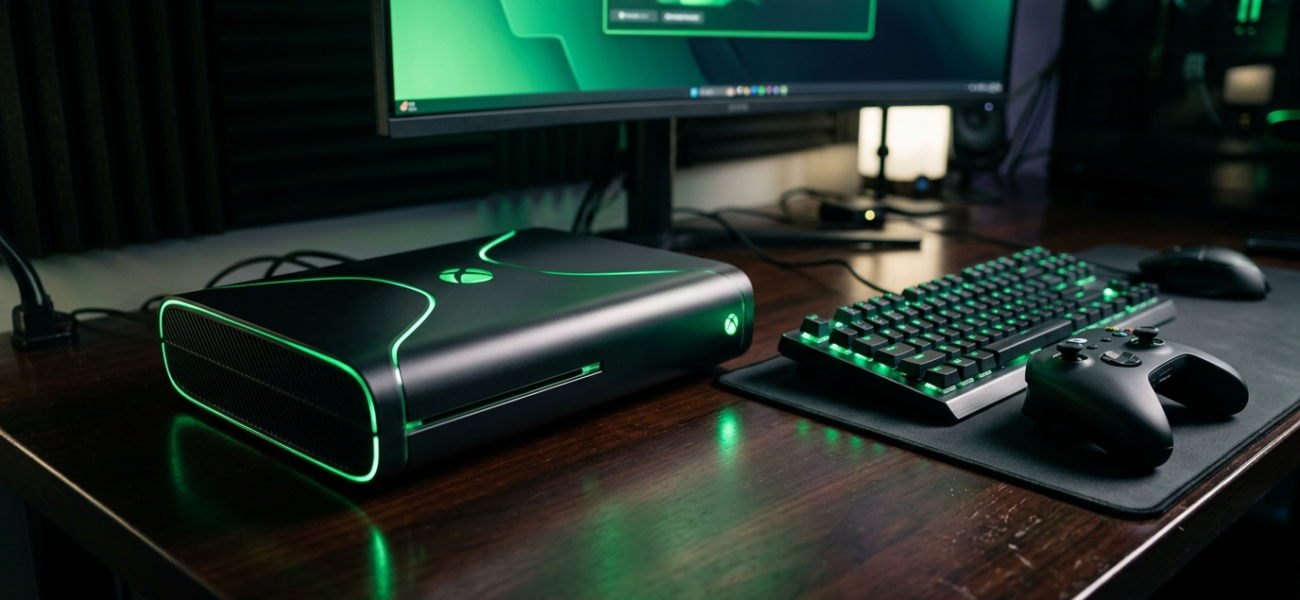 Xbox Project Helix z zielonym LED, klawiatura mechaniczna i pad na ciemnym biurku. Konsola obsługująca gry PC. Polska i świat: przyszłość gamingu.