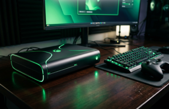Xbox Project Helix z zielonym LED, klawiatura mechaniczna i pad na ciemnym biurku. Konsola obsługująca gry PC. Polska i świat: przyszłość gamingu.