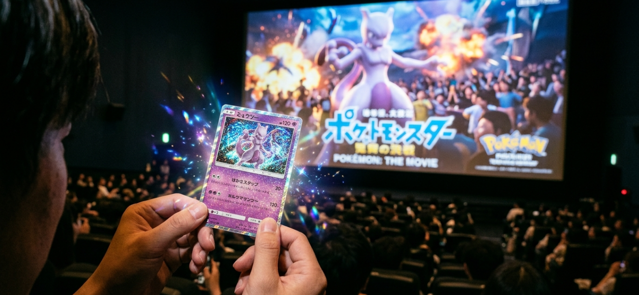 Holograficzna karta Pokémon TCG lśni przed ekranem kinowym. Film anime, kultura cyfrowa i gaming, Polska i świat. Detale grafiki, iskry i kinowy klimat.