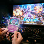 Holograficzna karta Pokémon TCG lśni przed ekranem kinowym. Film anime, kultura cyfrowa i gaming, Polska i świat. Detale grafiki, iskry i kinowy klimat.