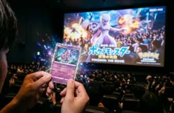 Holograficzna karta Pokémon TCG lśni przed ekranem kinowym. Film anime, kultura cyfrowa i gaming, Polska i świat. Detale grafiki, iskry i kinowy klimat.
