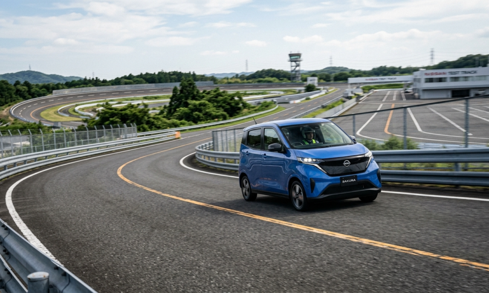 Mały elektryczny Nissan przejeżdżający przez tor testowy. Nowoczesny samochód elektryczny, motoryzacja, Polska i świat. Szpiegowskie zdjęcia nowego modelu.