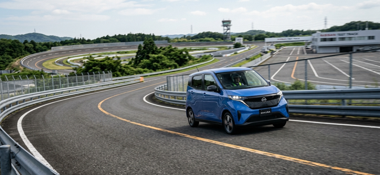 Mały elektryczny Nissan przejeżdżający przez tor testowy. Nowoczesny samochód elektryczny, motoryzacja, Polska i świat. Szpiegowskie zdjęcia nowego modelu.