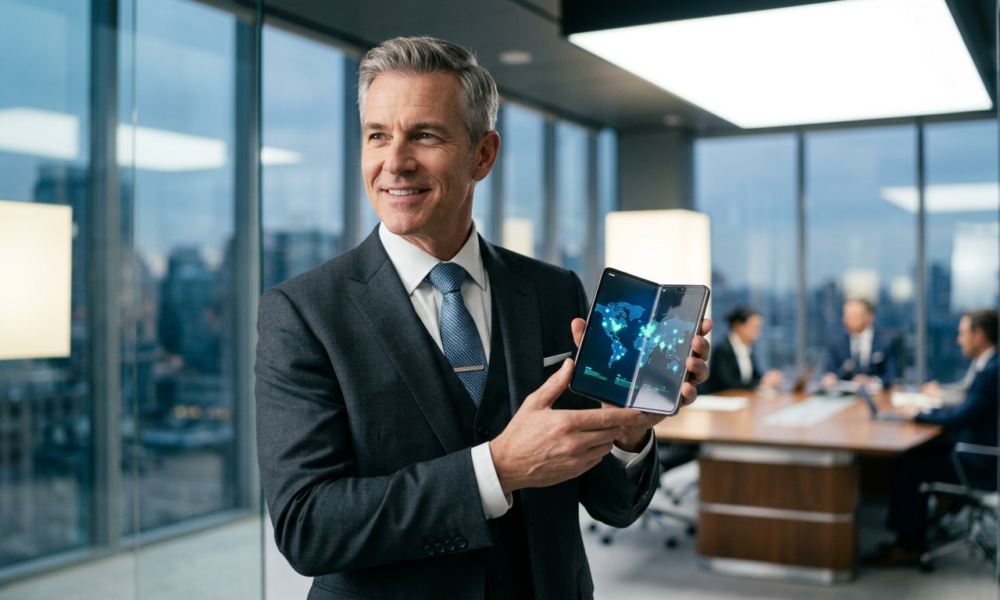 Nowy prezes Apple trzyma składany iPhone z ekranem OLED. Nowoczesny smartfon w kategorii biznes i rynek tech, Polska i świat. Elegancki metalowy zawias i design.
