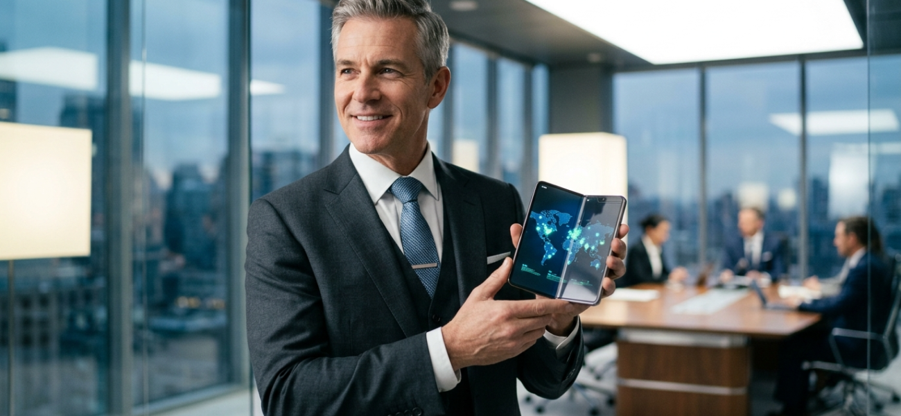 Nowy prezes Apple trzyma składany iPhone z ekranem OLED. Nowoczesny smartfon w kategorii biznes i rynek tech, Polska i świat. Elegancki metalowy zawias i design.