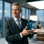 Nowy prezes Apple trzyma składany iPhone z ekranem OLED. Nowoczesny smartfon w kategorii biznes i rynek tech, Polska i świat. Elegancki metalowy zawias i design.