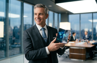 Nowy prezes Apple trzyma składany iPhone z ekranem OLED. Nowoczesny smartfon w kategorii biznes i rynek tech, Polska i świat. Elegancki metalowy zawias i design.