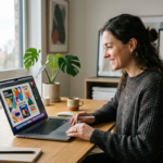 Generator obrazów Google, alternatywa dla Canvy. Kreatywna praca w jasnym home office, lifestyle tech, Polska i świat. Barwne projekty na ekranie laptopa.