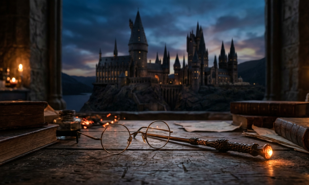 Okrągłe okulary i magiczna różdżka na biurku, w tle zamek Hogwart. Serial Harry Potter, nowa obsada i szczegóły premiery – Polska i świat.