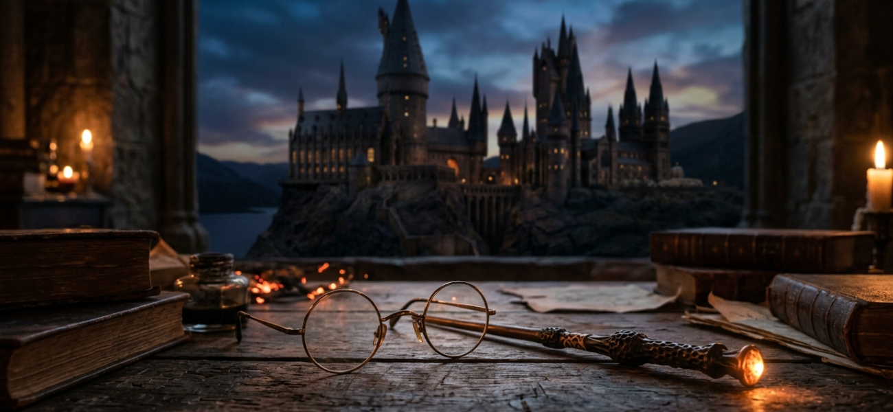 Okrągłe okulary i magiczna różdżka na biurku, w tle zamek Hogwart. Serial Harry Potter, nowa obsada i szczegóły premiery – Polska i świat.