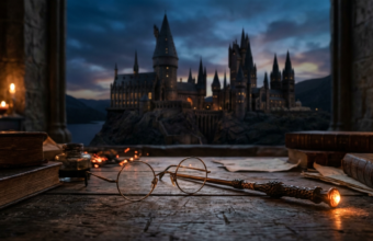 Okrągłe okulary i magiczna różdżka na biurku, w tle zamek Hogwart. Serial Harry Potter, nowa obsada i szczegóły premiery – Polska i świat.
