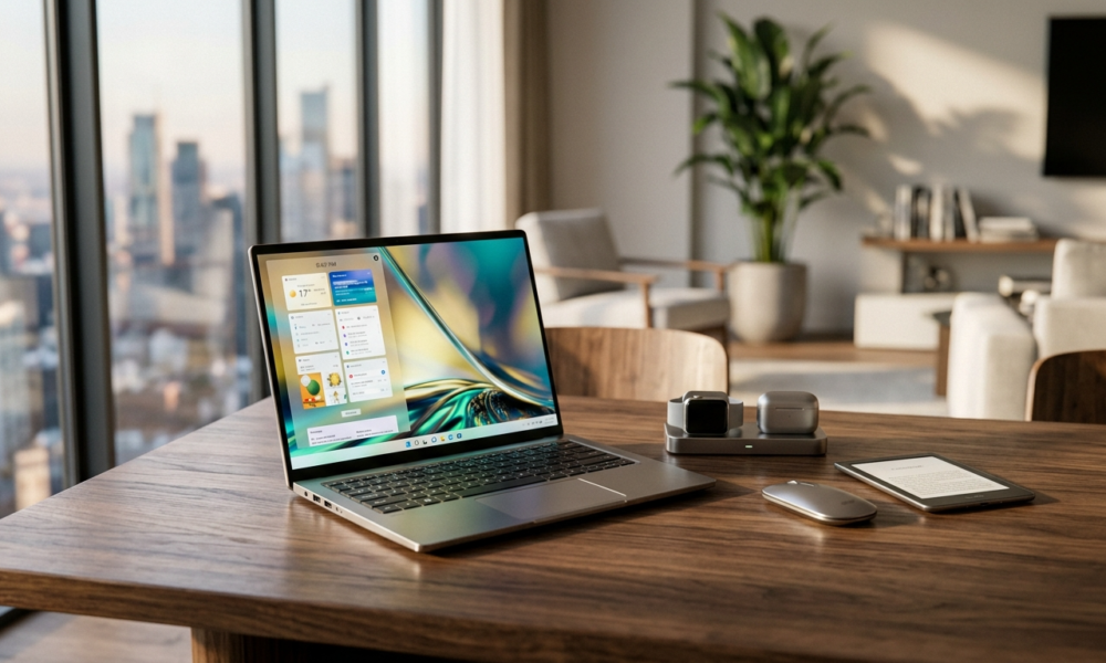 Ultra-cienki laptop Acer i urządzenia lifestyle tech na drewnianym blacie w jasnym, nowoczesnym domu. Nowości 2026-2027 na rynek Polska i świat.