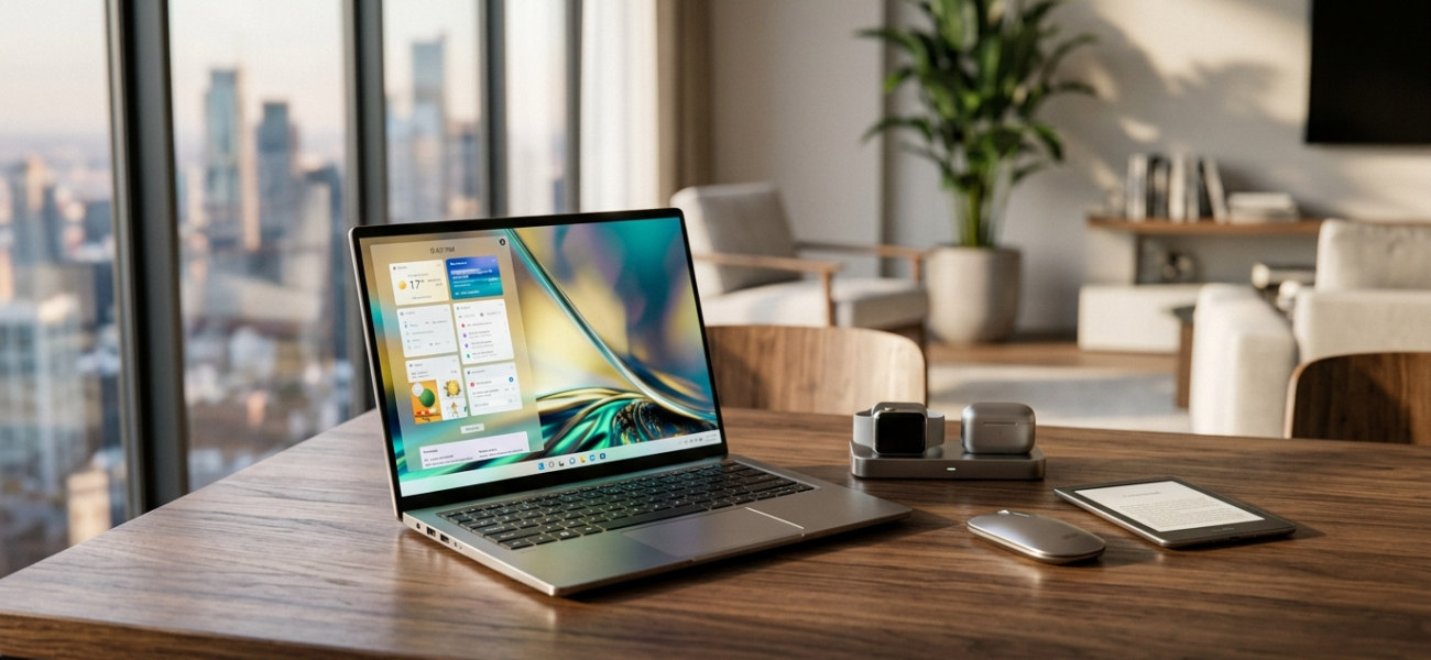 Ultra-cienki laptop Acer i urządzenia lifestyle tech na drewnianym blacie w jasnym, nowoczesnym domu. Nowości 2026-2027 na rynek Polska i świat.