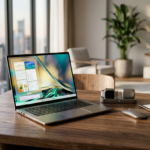 Ultra-cienki laptop Acer i urządzenia lifestyle tech na drewnianym blacie w jasnym, nowoczesnym domu. Nowości 2026-2027 na rynek Polska i świat.