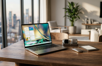 Ultra-cienki laptop Acer i urządzenia lifestyle tech na drewnianym blacie w jasnym, nowoczesnym domu. Nowości 2026-2027 na rynek Polska i świat.