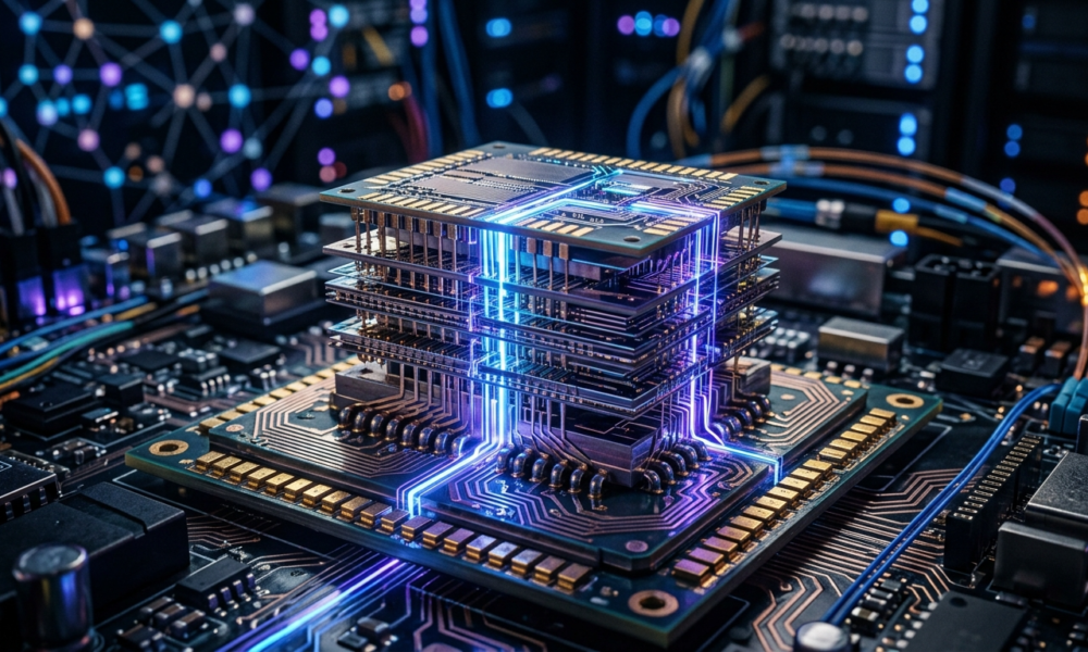 Pionowa pamięć Samsunga do AI: wielowarstwowy chip półprzewodnikowy, niebiesko-fioletowe impulsy światła i sieć neuronowa. Biznes, Polska i świat.