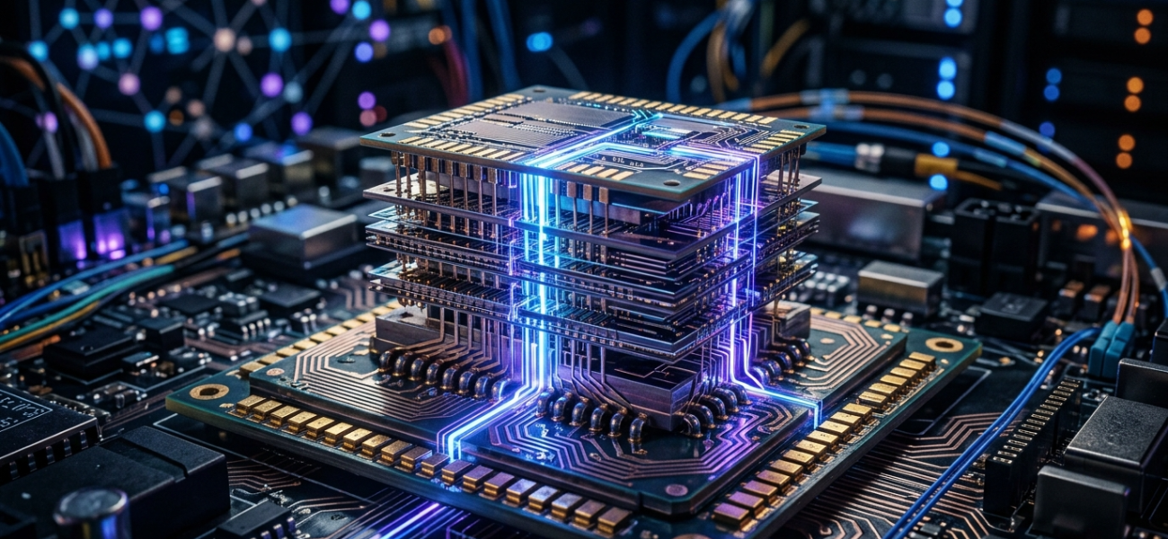 Pionowa pamięć Samsunga do AI: wielowarstwowy chip półprzewodnikowy, niebiesko-fioletowe impulsy światła i sieć neuronowa. Biznes, Polska i świat.
