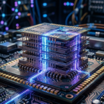 Pionowa pamięć Samsunga do AI: wielowarstwowy chip półprzewodnikowy, niebiesko-fioletowe impulsy światła i sieć neuronowa. Biznes, Polska i świat.
