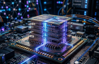Pionowa pamięć Samsunga do AI: wielowarstwowy chip półprzewodnikowy, niebiesko-fioletowe impulsy światła i sieć neuronowa. Biznes, Polska i świat.