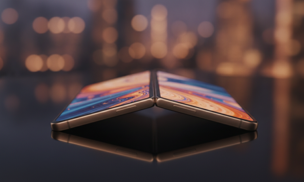 Składany smartfon iPhone Ultra z tytanowymi krawędziami i bezramkowym ekranem na ciemnym tle. Detal zawiasu Apple w nastrojowym oświetleniu studyjnym.