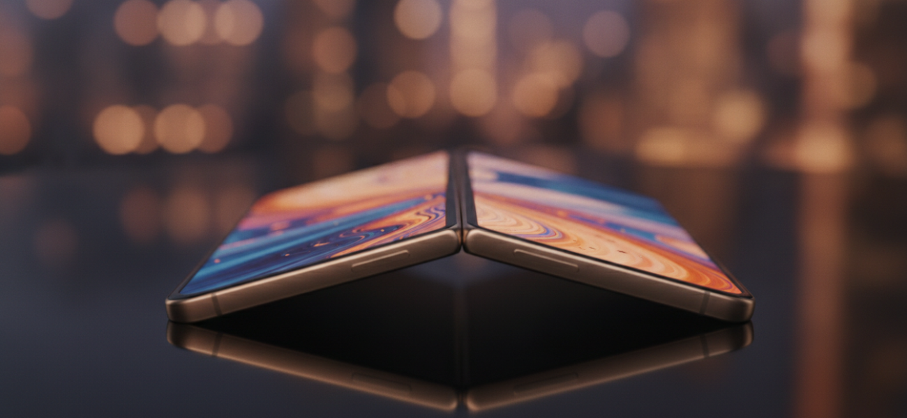 Składany smartfon iPhone Ultra z tytanowymi krawędziami i bezramkowym ekranem na ciemnym tle. Detal zawiasu Apple w nastrojowym oświetleniu studyjnym.