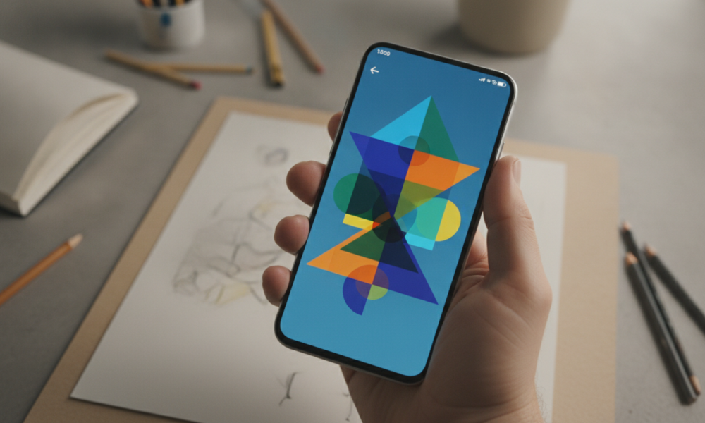 Nowoczesny smartfon z interfejsem graficznym Google Android Drop. Dłoń trzyma telefon z kolorowym projektem i warstwami grafiki na minimalistycznym biurku.