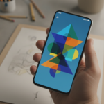 Nowoczesny smartfon z interfejsem graficznym Google Android Drop. Dłoń trzyma telefon z kolorowym projektem i warstwami grafiki na minimalistycznym biurku.