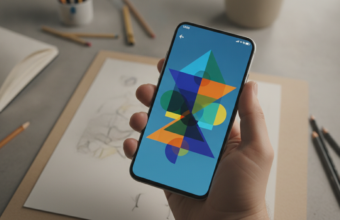 Nowoczesny smartfon z interfejsem graficznym Google Android Drop. Dłoń trzyma telefon z kolorowym projektem i warstwami grafiki na minimalistycznym biurku.