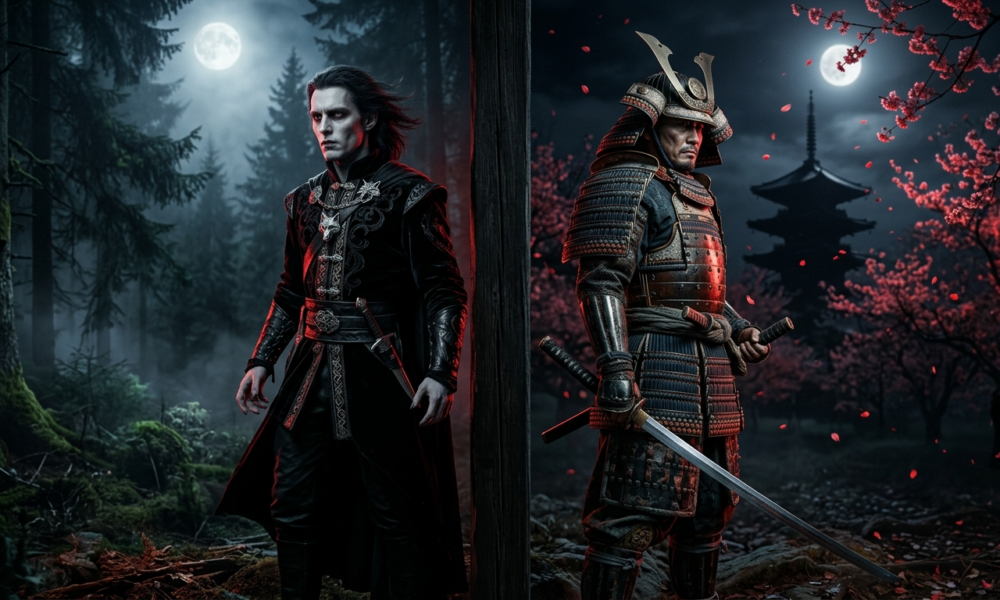 Blady wampir ze słowiańskimi zdobieniami i samuraj w zbroi stoją tyłem do siebie. Mroczny las, kwiaty wiśni. Wrześniowe premiery gier, gaming i kultura cyfrowa.