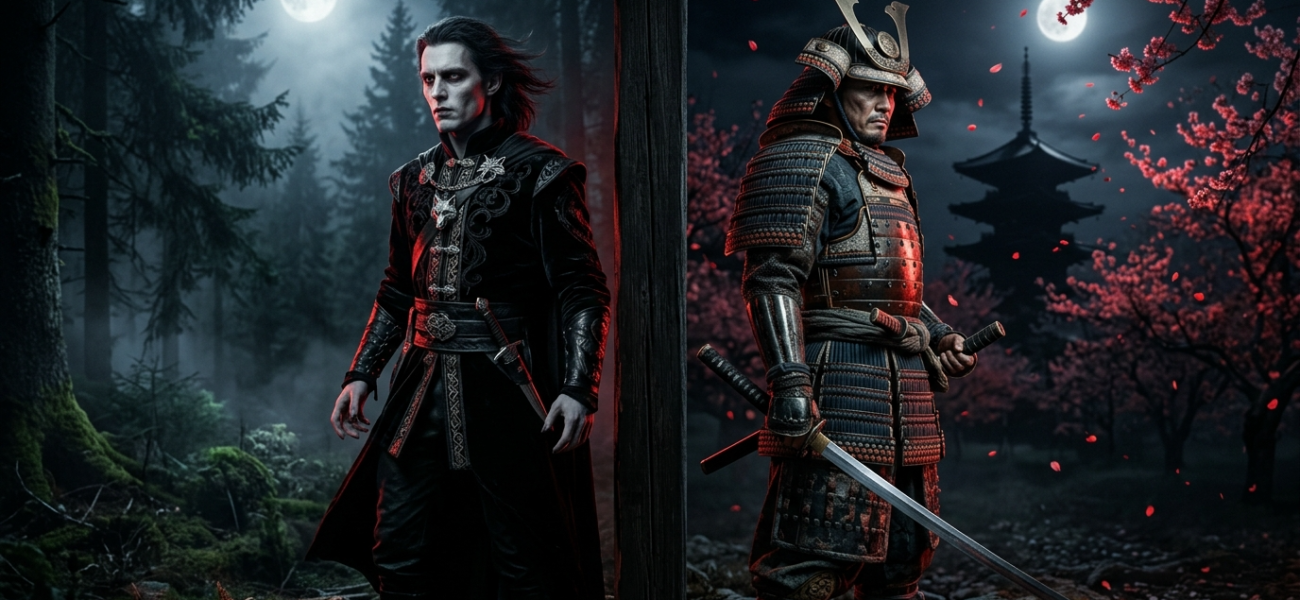 Blady wampir ze słowiańskimi zdobieniami i samuraj w zbroi stoją tyłem do siebie. Mroczny las, kwiaty wiśni. Wrześniowe premiery gier, gaming i kultura cyfrowa.