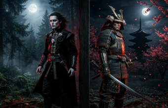 Blady wampir ze słowiańskimi zdobieniami i samuraj w zbroi stoją tyłem do siebie. Mroczny las, kwiaty wiśni. Wrześniowe premiery gier, gaming i kultura cyfrowa.