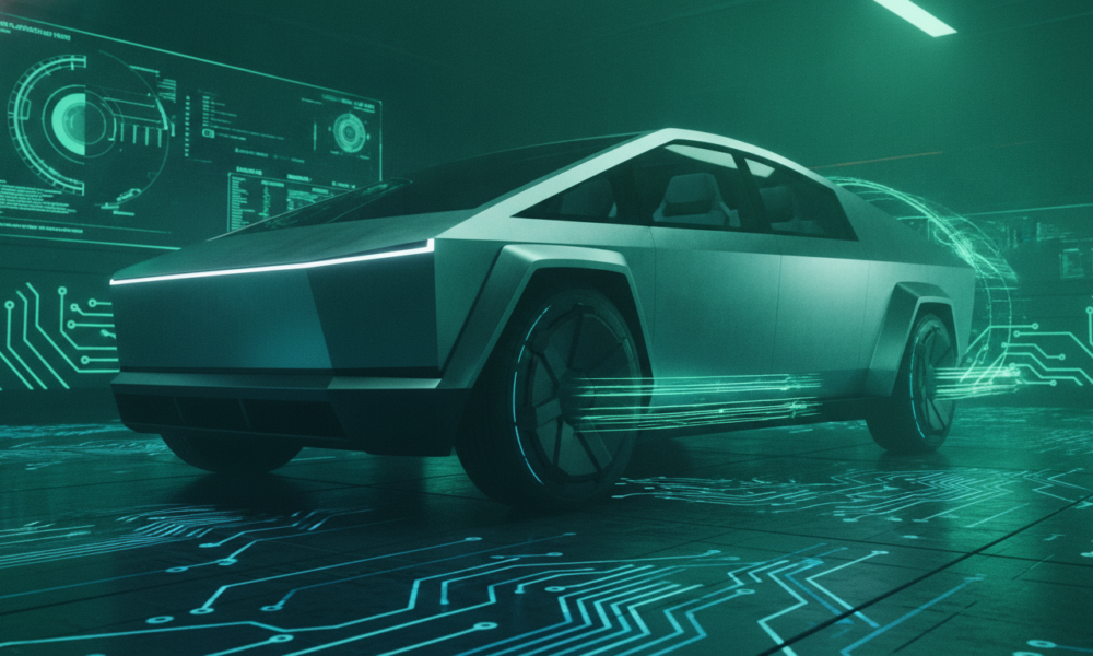 Metaliczna Tesla Cybercab na tle szmaragdowych wzorów półprzewodników Nvidia. Futurystyczny design i technologia AI napędzająca rynek i inwestycje.