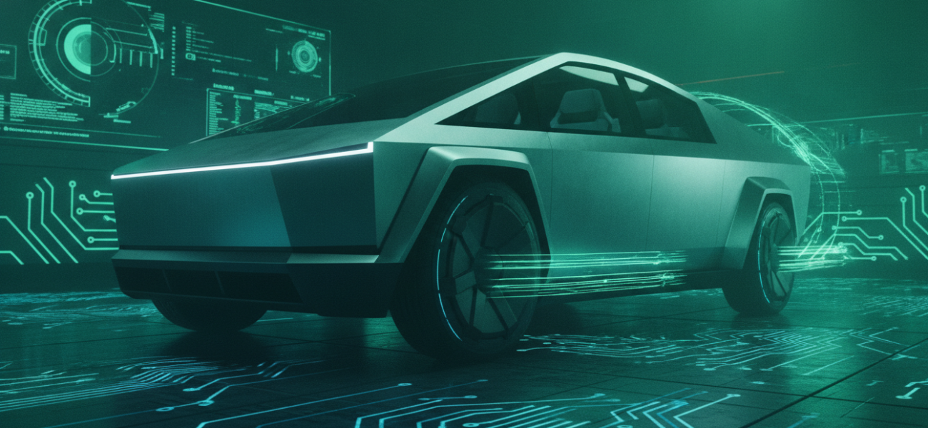 Metaliczna Tesla Cybercab na tle szmaragdowych wzorów półprzewodników Nvidia. Futurystyczny design i technologia AI napędzająca rynek i inwestycje.