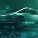 Premiera Tesla Cybercab i wielomiliardowa inwestycja Nvidii napędzają rynek Metaliczna Tesla Cybercab na tle szmaragdowych wzorów półprzewodników Nvidia. Futurystyczny design i technologia AI napędzająca rynek i inwestycje.