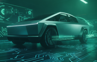 Metaliczna Tesla Cybercab na tle szmaragdowych wzorów półprzewodników Nvidia. Futurystyczny design i technologia AI napędzająca rynek i inwestycje.